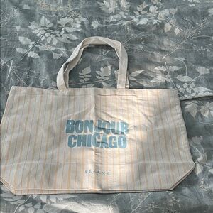 Sezane Striped Bonjour Chicago Tote in Cream and Blue